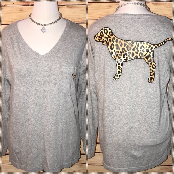 PINK Victoria's Secret Tops - VS PINK Gray V Neck Cheetah Tee